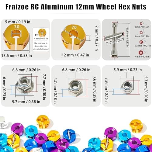 Fraizoe RC Aluminum 12mm Hex Wheel Hub 4Pcs w/Axle Pin M4 Flange Lock Nut Standard M3 M4 Nut 7mm Thickness Wheel Drive Adapter for 1/10 Traxxas HSP Redcat Rc4wd Tamiya Axial SCX10 WLtoy RC Car(25Pcs) - Thumbnail 2