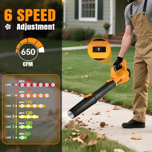 Leaf Blower Cordless,Electric Leaf Blower with 2 4.0Ah Battery Powered and Fast Charger, Cordless Blowers for Lawn Care and Car Dust Snow Blower,6 Speed Control,Orange - Thumbnail 3