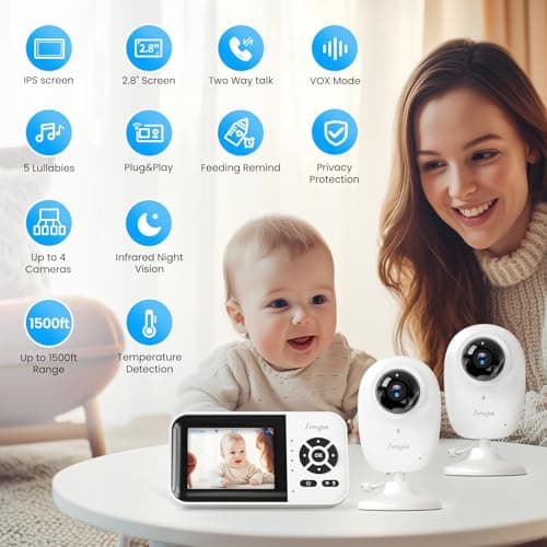 Simyke Smart Baby Monitor with 2 Cameras and Audio,App,Long Range,Night Vision,Temperature Sensor,2 Way Talk, Feeding Clock and lullabies,Home Use - Thumbnail 2