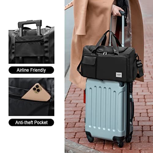 WOOMADA Foldable Travel Duffel Bag for Women, Weekender Bags with Shoes Compartment,Overnight Bag with Wet Pocket & Trolley Sleeve(Black) - Thumbnail 6