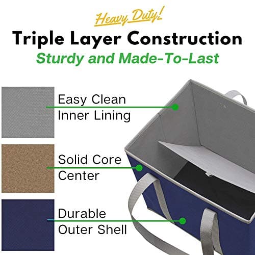 Reusable Grocery Bags (3 Pack) – Heavy Duty Reusable Shopping Bags with Box Shape to Stand Up, Stay Open, Fold Flat – Large Tote Bags are Foldable with Long Handles & Hard Bottom (Navy Blue) - Thumbnail 3