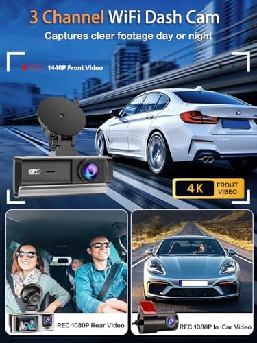 3 Channel Dash Cam Front and Rear Inside,2.5K+1080P+1080P Dash Camera for Cars,Free 64GB Card,Dashcam with WiFi,APP Control,Parking Monitor,Night Vision,Loop Recording - Thumbnail 2