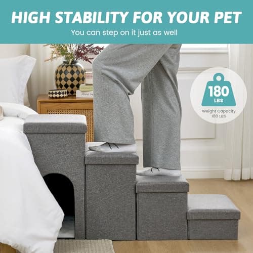 Dog Stairs with Storage, 4-Step Wider Sturdy Dog Steps for Small/Medium/Large Dogs and Older Cats, Doggie Ramp with Condo for Bed/Couch/Car Hold Up to 180 lbs (22.6" H, Grey) - Thumbnail 6