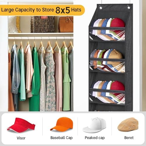 SLEEPING LAMB Narrow Door Hat Organizer for Baseball Caps, Baseball Hat Rack for Closet/Wall Hold 40 Hats Storage Holder Clear Hat Display (Black) - Thumbnail 3