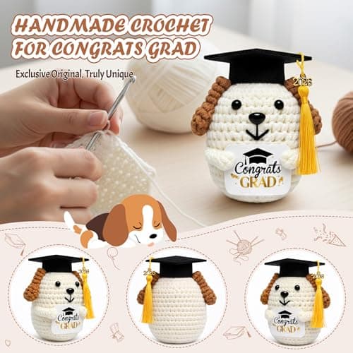 NIUBEHOHO Crochet Dog with Graduation Cap - Puppy Crochet Graduation Gifts with Congrats Grad Card Graduation Box Mesh Bag Handmade Animal for 2026 Graduate Grad Gifts for Graduate Women Men - Thumbnail 4