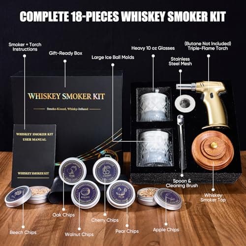 Whiskey Smoker Kit with Triple-Flame Torch, 18-Piece Cocktail Smoker Kit with 6 Wood Chips, 2 Heavy 10 oz Whiskey Glasses & 2 Ice Ball Molds, Old Fashioned Bourbon Gifts for Men Dad Father, No Butane - Thumbnail 2