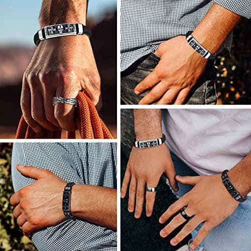 Bestyle Punk Mens Leather Skull Bracelets for Men Cool Stainless Steel Sketelon Cross Braided Leather Cuff Bracelets with Clasp Adjustable, Men Fashion Wrist Jewelry, Size 21-23cm - Thumbnail 2