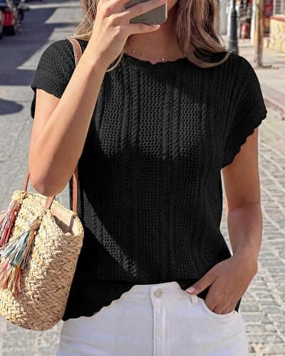 KIRUNDO Crochet Tops for Women Cap Short Sleeve Sweater Vest 2026 Spring Summer Cable Knit Pullover Beach Vacation Outfits(Black, Medium) - Thumbnail 4