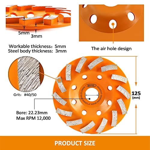 5" Diamond Grinding Wheels, BGTEC 14-Segment Turbo Row Grinding Cup Wheel for Grinder Polishing and Cleaning Marble Concrete Masonry, 1pc - Thumbnail 2