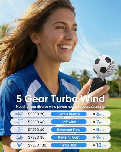Hiluckey Portable Handheld Turbo Fan with Ice Cooling, 5 Gear Wind, 3 In 1 Soccer-Shaped Mini Personal Fan, 6000mAh Rechargeable Pocket Fan for Travel/Outdoor/Office, 180° Adjustable, 20H Max Runtime - Thumbnail 3