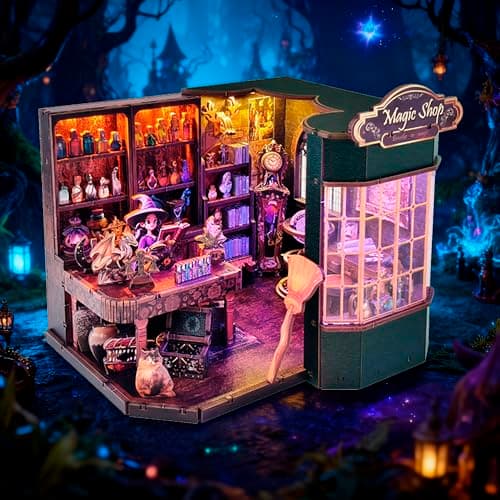 Joibabe Magic Shop Book Nook Kit - DIY Miniature House Dollhouse Kit for Adult and Teens, Tiny House Bookshelf Decor 3D Wooden Puzzle with LED Lighting, Gifts for Family, Friends (Magic Shop) - Thumbnail 2