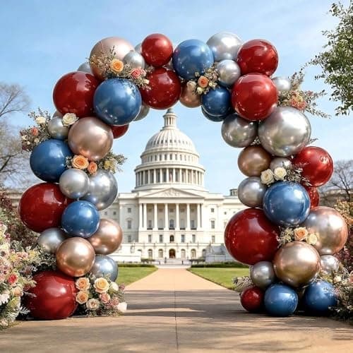 Red Blue Gold Balloon Arch, Double Stuffed Royal Blue Red Balloon Garland Kit Navy Red Silver Latex Balloons for 4th of July Baseball Birthday Graduation Party Decor - Image 1