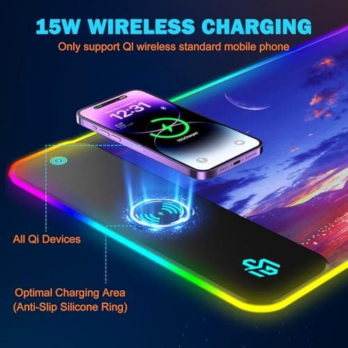 Mouse Pad Gaming Wireless Charging, 800x300x4mm Extended Desk Mat with 10 RGB Light Modes, Non-Slip Rubber Base, Waterproof Computer Keyboard Mat for Gamer, PC, Laptop, Office, Twilight Blue-Purple - Thumbnail 5