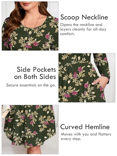 AusLook Women's Plus Size Long Sleeve Midi Dress Crewneck Casual Empire Waist Loose Flowy Dresses A-Line Boho Party 2025 Fall Winter Long Yellow Leaves Rose 1X Dress with Pockets - Thumbnail 4