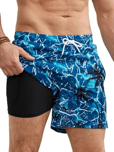 Mens Swim Trunks Compression Liner No Mesh Swimming Trunks Men Swimwear Quick Dry Above Knee Zipper Pocket Swim Shorts