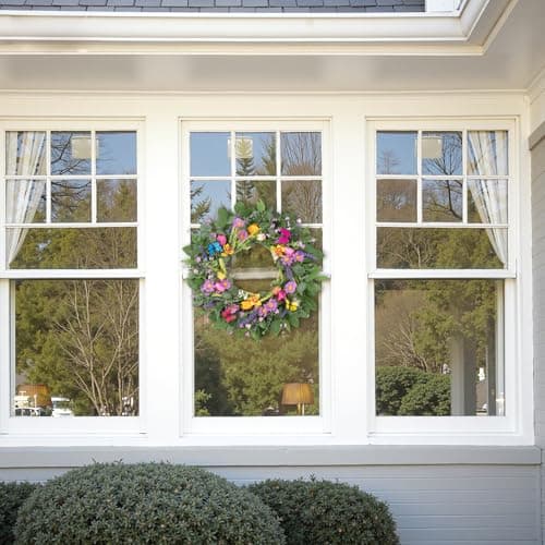 U'Artlines 22 Inch Tulip Wreath for Front Door, Spring Summer Silk Wreath with Green Leaves Colorful Butterfly Artificial Tulip Flower Wreaths for All Seasons Window Wall Wedding Valentines Day Decor - Thumbnail 6