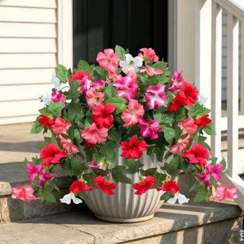 Flortevera Artificial Fake Flowers Plants for Outdoor UV Resistant, 2PCS Silk Faux Petunias No Fade Summer for Outside Planter Front Door Porch Yard Patio Balcony Realistic Decoration Red Pink - Thumbnail 3