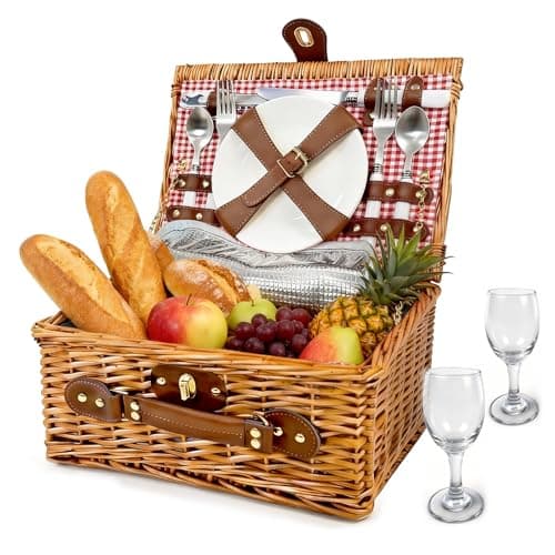Picnic Basket for 2 - Picnic Basket with Cutlery Kit and Glasses, Insulated Picnic Set with Waterproof Liner, Portable Wicker Picnic Baskets with Lid and Handle for Outdoor, Picnic, Camping, Holidays - Image 1