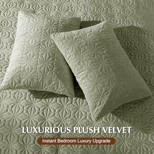 Uqocnh Luxury Velvet Quilt Set King Size 3 Piece, Soft Channel Stitch Velvet Comforter Set with 2 Pillow Shams, Lightweight Coverlet Bedspread Bedding Set for All Seasons, Olive Green - Thumbnail 6