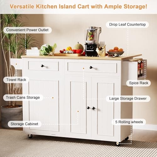 MEETFAV Kitchen Island with Trash Can Storage & Power Outlet, Rolling Kitchen Cart with Drop Leaf, Mobile Wood Island Table with Tilt-Out Trash Cabinet, Spice Rack & Storage Drawer for Small Space - Thumbnail 2