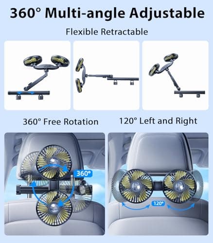 DICMKY Long Arm Dual Head Car Cooling Fans for Back Seat for Kids, Battery Powered Rechargeable 5V/12V/24V Car Backseat Headrest Fan for Baby Rear Facing Car Seat Cooler That Blow Cold Air for Vehicle - Thumbnail 4