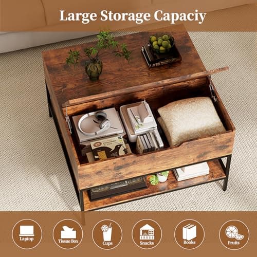 AQY 31.5" Flip Top Coffee Table with Storage, Square Coffee Tables for Living Room, Modern Farmhouse Heavy Duty Coffee Table with Large Hidden Compartment and Storage Shelves,Assembly Required - Thumbnail 5