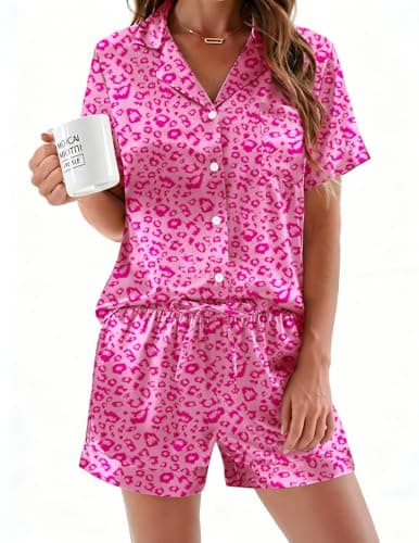 Ekouaer Womens Silk Satin Pajamas Sets 2 Piece Short Sleeve Sleepwear Button Down Top and Shorts Pjs Lounge Wear Sets,Rose Leopard,XL - Image 1