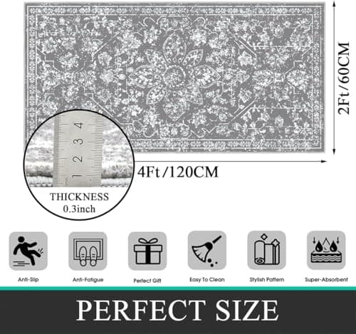 Pauwer Boho Vintage Runner Rug, 2x4 Non Slip Small Throw Rugs Doormat, Washable Soft Indoor Mat Runner Rug Small Area Rug Low-Pile Floor Carpet for Hallway Entryway Bedroom Living Room,(2'x4', Grey) - Thumbnail 2