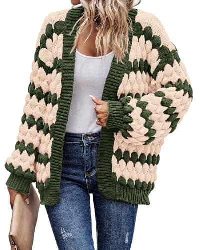 KIRUNDO Women Cardigan Oversized Puff Sleeve Open Front Striped Color Block Cable Knitted Cardigans Fashion Chunky Winter Sweater Coats Fall Clothes 2026(Army Green, Small) - Image 1