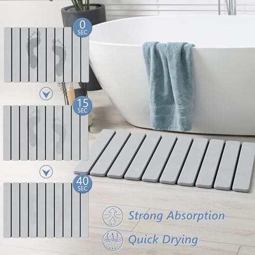 AWW Foldable Stone Bath Mat, Quick Dry Diatomaceous Earth Bath Mat with Non-Slip Mat, Super Absorbent, Easy to Clean, Compact for Small Bathrooms, 23.6 x 15.5, Light Grey - Thumbnail 2