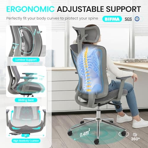 LuxErgo Ergonomic Office Chair, High Back Mesh Desk Chair with Adjustable Headrest Lumbar Support Seat Depth, 300 Lbs Big and Tall, 90-110° Tilt Lock Swivel Rolling Task Chair,Grey - Thumbnail 5