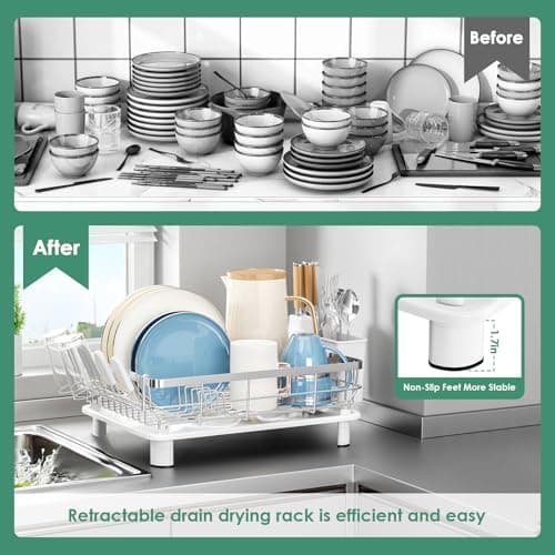 MOUKABAL Dish Drying Rack, Dish Rack, Stainless Steel Dish Racks for Kitchen Counter, Dish Drainer with Removable Utensil Holder, Drainboard (White,Stainless Steel,13''W x 17''L) - Thumbnail 2