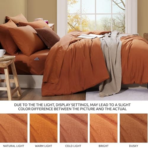 WRENSONGE King Size Comforter Sets- 7 Pieces Soft Burnt Orange Bed in a Bag King with Fitted Sheet, Flat Sheet 2 Pillow Shams, and 2 Pillowcases- Warm Bedding Set for All Season - Thumbnail 6