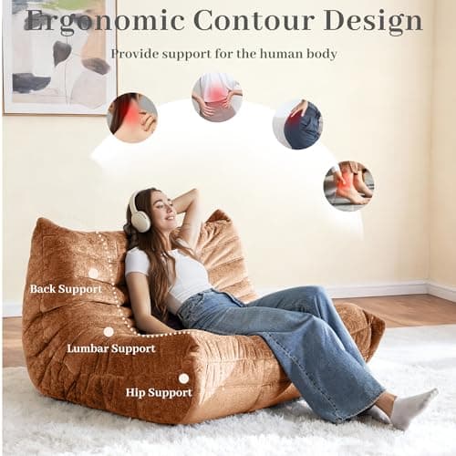 Kasunpul Bean Bag Chair, Giant Bean Bag Chairs for Adults, 2 Seater Lazy Bean Bag Sofa Memory Foam Couch, Loveseat Fireside Chair for Living Room, Bedroom, Office(Brown) - Thumbnail 4