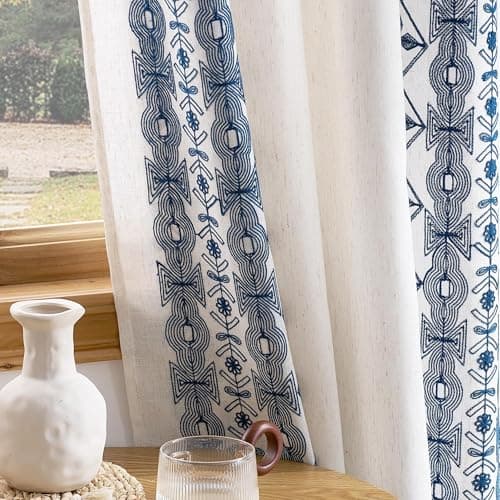 NICETOWN Boho Curtains with Navy Blue Trim 84" Long 2 Panels, Embroidered Cream Linen Textured Geometric Drapes with Antique Bronze Grommets, Light Filtering Window Treatment for Living Room & Nursery - Image 1