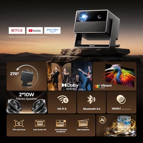 ELEPHAS Smart 4K Projector with WiFi and Bluetooth - Compatible with Netflix/Prime Video/YouTube, 270° Rotatable, AI Auto Focus & Keystone, Portable Home Theater Movie Projector for Indoor Outdoor - Thumbnail 2