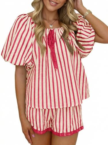 Tankaneo Womens Summer Striped 2 Piece Short Sets Short Puff Sleeve Scoop Neck Babydoll Blouse Vacation Lounge Sets - Image 1