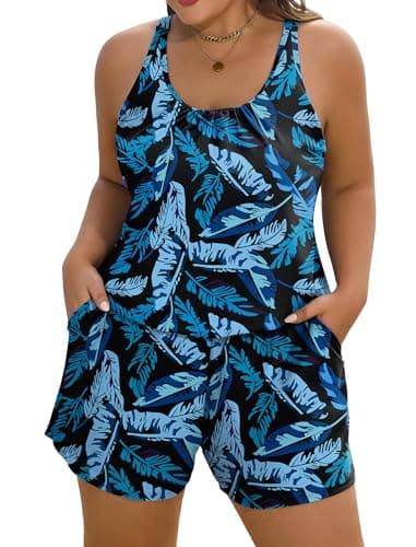 Arolina Swim Romper Swimsuits for Women Plus Size One Piece Modest Bathing Suit with Pockets Swimwear Blue Leaves - Image 1