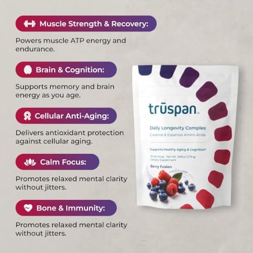 TruSpan Daily Longevity Complex Creatine Powder, with Essential Amino Acids, Sugar Free, Berry Fusion Flavor, 30 Servings - Thumbnail 2