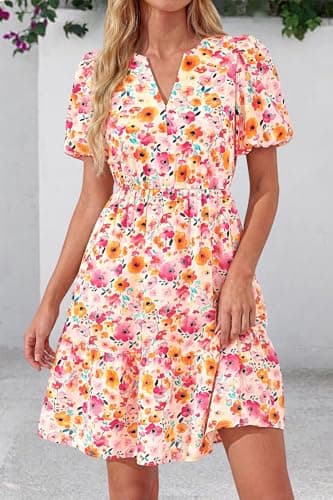 dowerme Women Summer Casual Dresses 2026 Puff Short Sleeve V Neck Floral Boho Midi Dress Flowy Ruffle Spring Sundress(Pink Flowers,Large) - Thumbnail 2