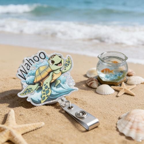 Funny Sea Turtle Nurse Badge Reel, Cute Badge Reel Clip Retractable for Student RN LPN CNA Medical Worker Teacher ID Card Holder Badge Pediatric Badge Buddy, Coastal Spring Summer Ocean Nurse Gifts - Thumbnail 3