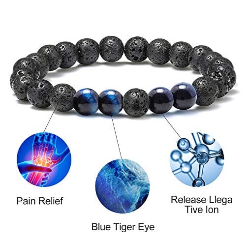 M MOOHAM Natural Bead Bracelet - Gem Semi Precious Stone Round Bead Black Lava Rock Blue Tiger Eye Beads Bracelet Adjustable Bracelets Birthday Gifts for Men - Thumbnail 4