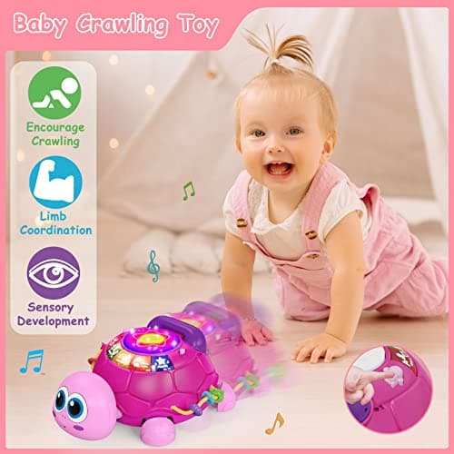 Hanayo Baby Musical Turtle Crawling Girl Toys for 6-18 Months，Infant Early Learning Educational Toy，Baby Girl Gift Essentials for Newborn 7 8 9 11+ Months 1-2 Year Old(Pink) - Thumbnail 4