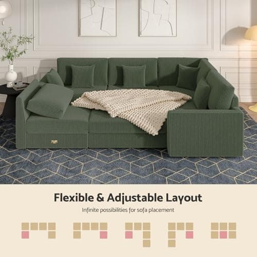 Oversized Modular Sectional Sofa with Storage, Modern Sleeper Sofa, Extra Deep Seat Comfy Corduroy Cloud Couch with Ottoman and 5 Pillows for Living Room (U Shape Sectional with Storage, Green) - Thumbnail 6