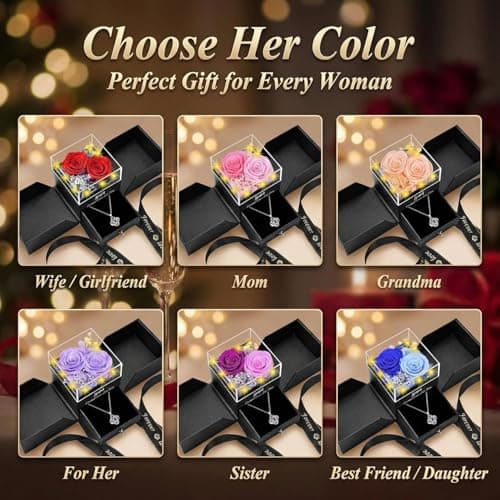 2 Preserved Rose Gift for Women - Eternal Rose with I Love You Necklace - Romantic Birthday Gifts for Girlfriend Mom Her Wife Grandma on Valentines Mothers Day Anniversary Christmas-Red Champagne - Thumbnail 4