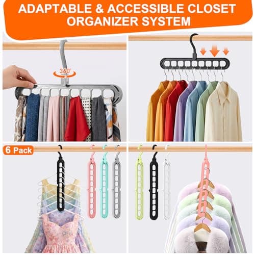 Closet Organizers and Storage,College Dorm Room Essentials,Pack of 6 Multifunctional Organizer Magic Space Saving Hangers with 9 Holes Storage Organization for Wardrobe Closet - Thumbnail 3