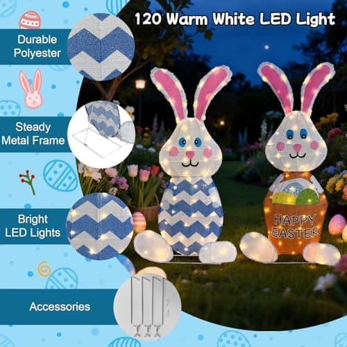 Outdoor Easter Rabbit Yard Decorations, 38 Inch Lighted Metal Decor with 120L, Set of 2 Plug-in LED Bunny Couple Festive Holiday Ornaments for Garden Patio Yard Porch Lawn Display - Thumbnail 4