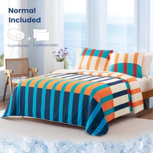 Snuggle Sac Mediterranean Stripe Cooling Comforter Twin Size Set, Q-Max ＞0.45 Cooling Blanket for Hot Sleepers & Night Sweats, Double-Sided Lightweight Breathable Summer Quilt, 68x90 Multi Orange - Thumbnail 6