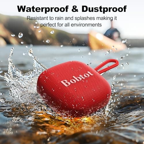 Bobtot Portable Bluetooth Speakers Wireless - IPX7 Waterproof Shower Speaker with 16 Hours Playtime, Loud Stereo Sound, TWS, Built-in Mic, Mini Size with Lanyard to Carry, Red - Thumbnail 4