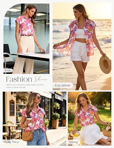 GRACE KARIN Floral Eyelet Spring Summer Tops for Women,2026 V Neck Dressy Casual Shirts,Boho Button Down Short Sleeve Blouses Rose Red L - Thumbnail 2